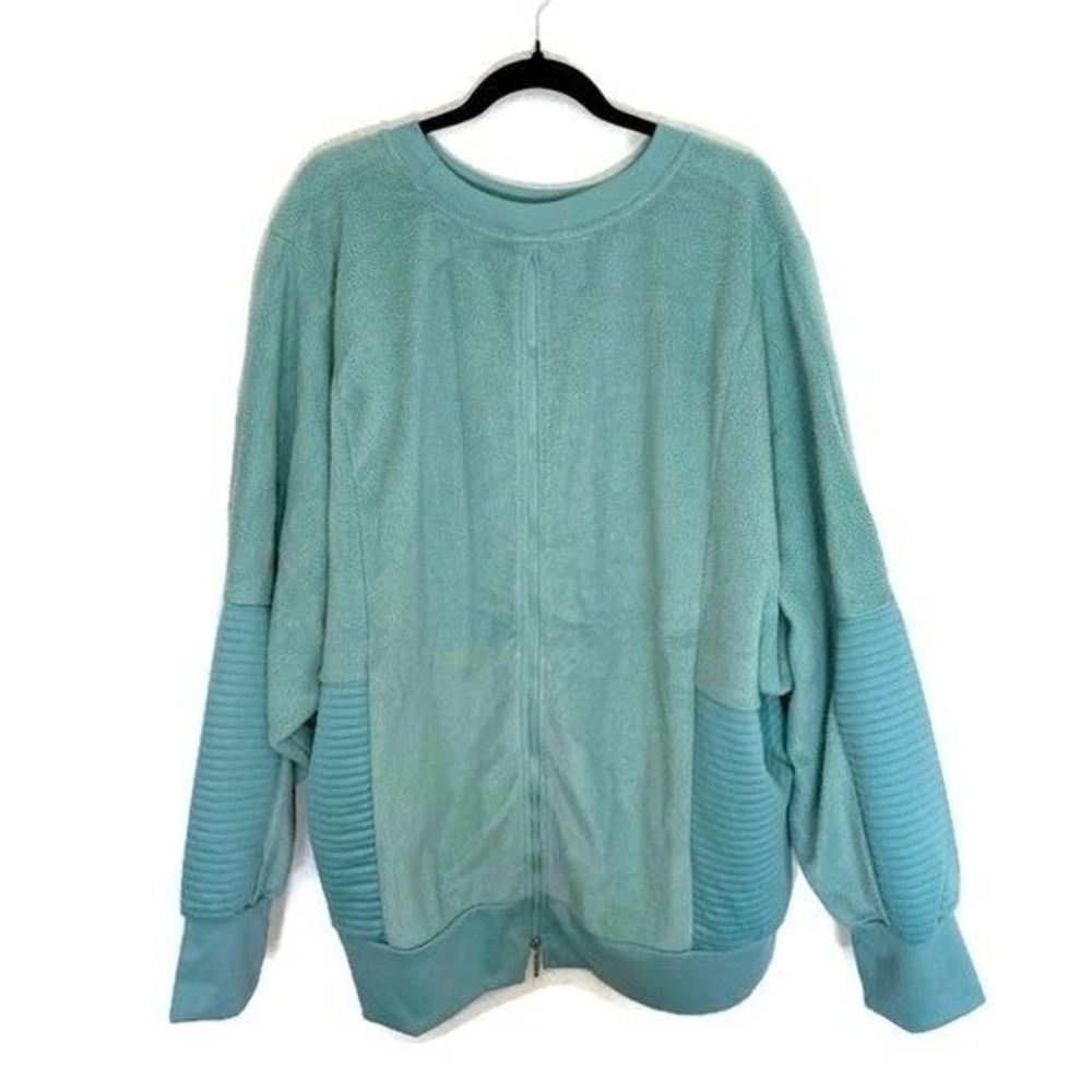 Tahari Sport Sweatshirt Womens 3X Blue Fleece Ribbed Moto Trim Athleisure